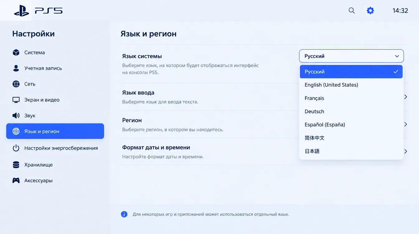 Скриншот: меню настроек языка в игре на PlayStation 5 с выбранным русским текстовым интерфейсом