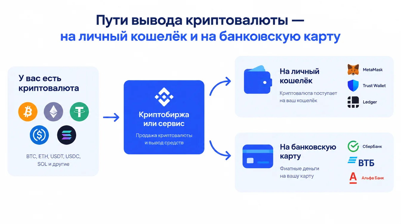 Схема: пути вывода криптовалюты — на личный кошелёк и на банковскую карту