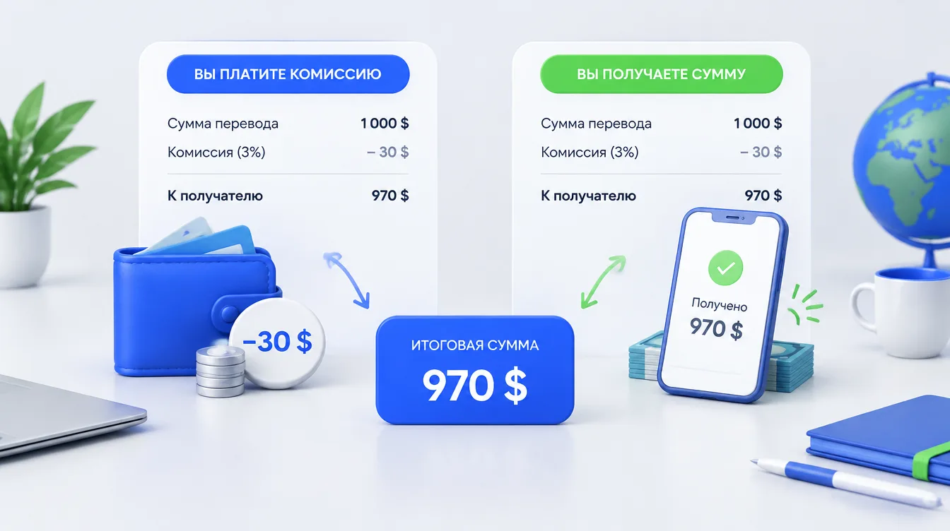 Картинка-памятка: пример комиссии, описанной через потерю и через получаемую сумму, рядом с одинаковым итоговым расчётом