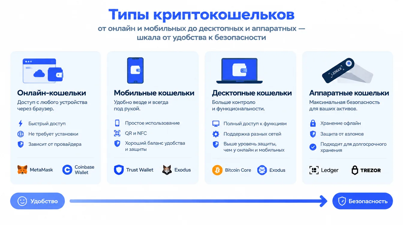 Схема: типы криптокошельков от онлайн и мобильных до десктопных и аппаратных — шкала от удобства к безопасности