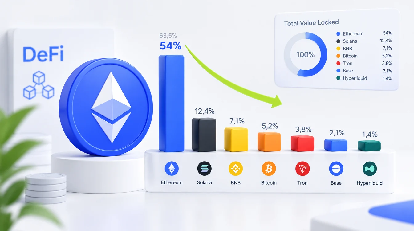Ethereum теряет долю в DeFi: с 63,5% до 54% за год