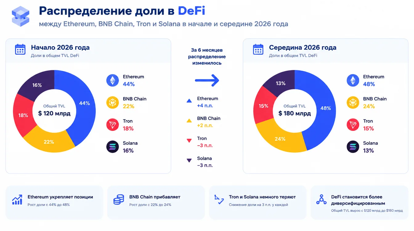 Диаграмма: распределение доли в DeFi между Ethereum, BNB Chain, Tron и Solana в начале и середине 2026 года