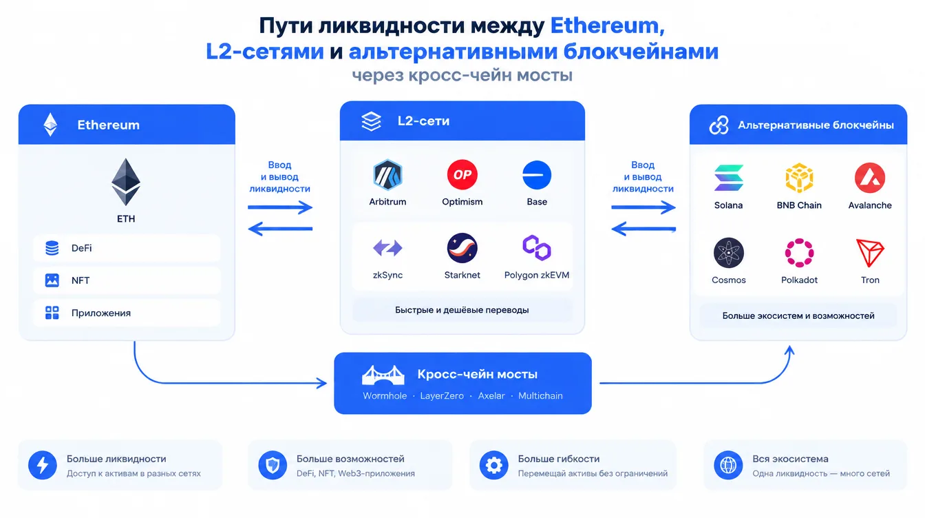 Схема: пути ликвидности между Ethereum, L2-сетями и альтернативными блокчейнами через кросс-чейн мосты