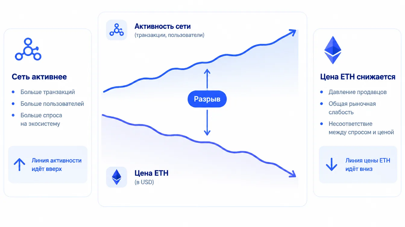 График-иллюстрация: линия активности сети растёт вверх, а линия цены ETH идёт вниз, между ними подписан разрыв