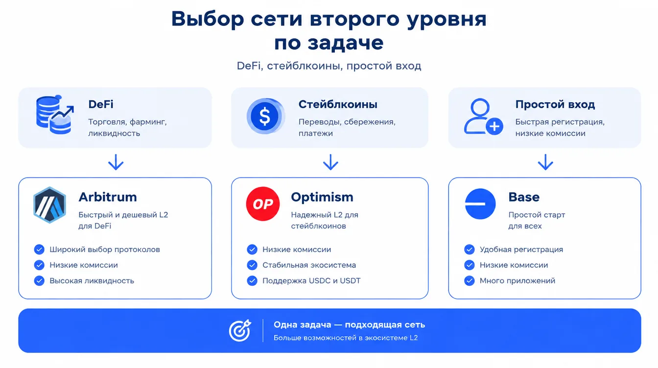 Схема: выбор сети второго уровня по задаче — DeFi, стейблкоины, простой вход