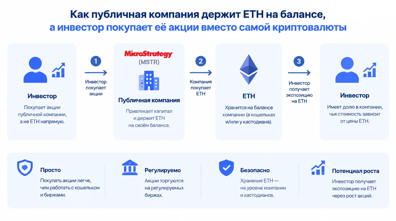 Схема: как публичная компания держит ETH на балансе, а инвестор покупает её акции вместо самой криптовалюты