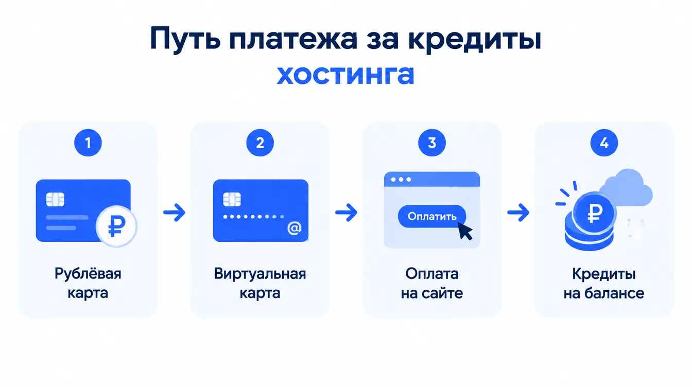 Схема: путь платежа за кредиты хостинга — рублёвая карта, виртуальная карта, оплата на сайте, кредиты на балансе