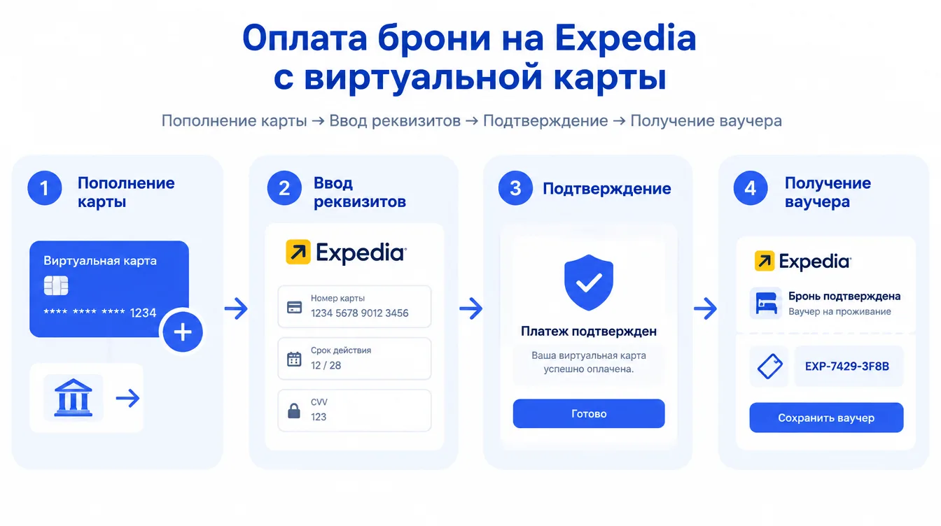 Схема: оплата брони на Expedia с виртуальной карты — пополнение карты, ввод реквизитов, подтверждение и получение ваучера