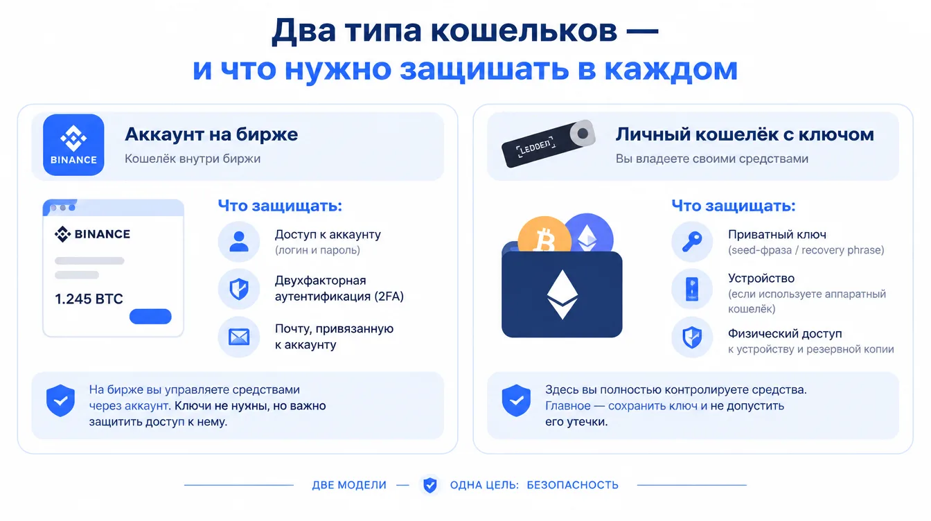 Схема: два типа кошельков — аккаунт на бирже и личный кошелёк с ключом — и что нужно защищать в каждом