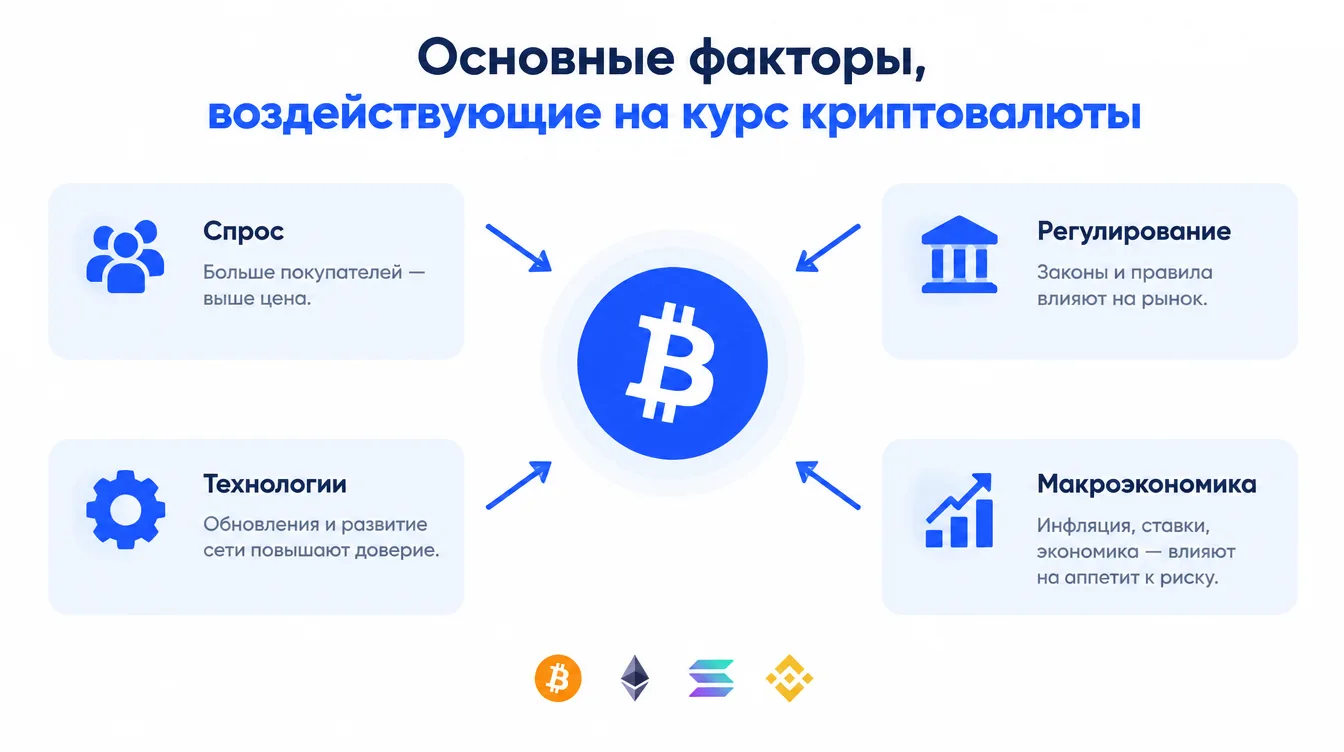 Схема: основные факторы, воздействующие на курс криптовалюты — спрос, регулирование, технологии, макроэкономика