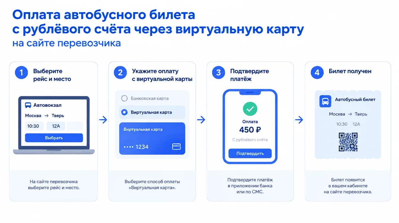 Схема: оплата автобусного билета с рублёвого счёта через виртуальную карту на сайте перевозчика