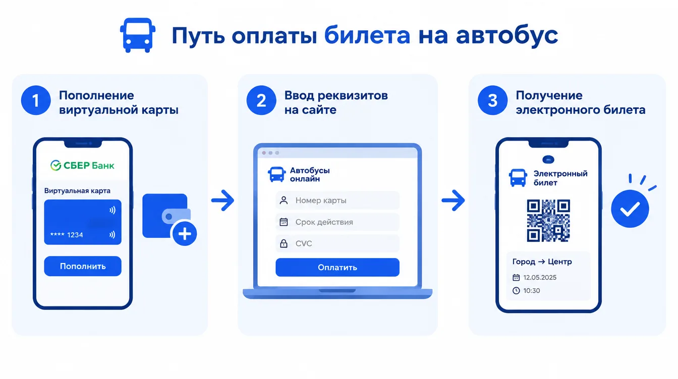 Схема: путь оплаты билета на автобус — пополнение виртуальной карты, ввод реквизитов на сайте, получение электронного билета