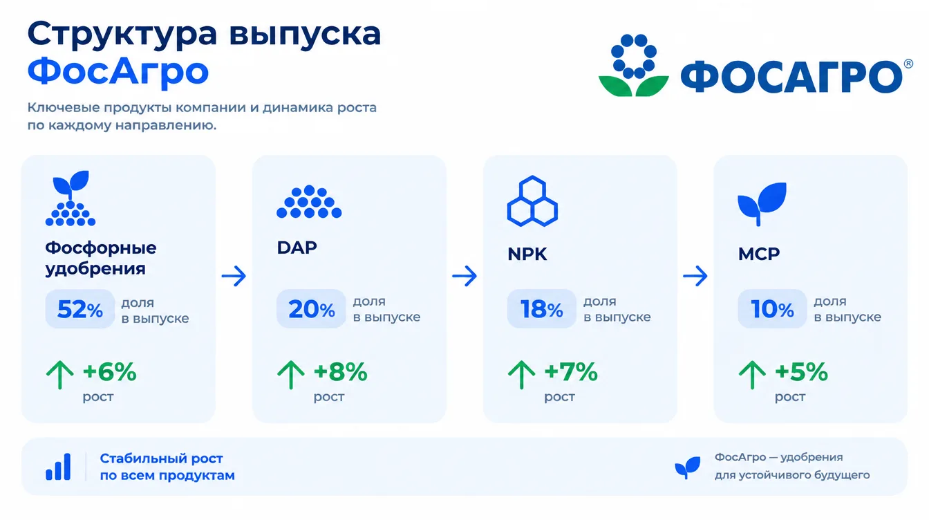 Схема: структура выпуска ФосАгро — фосфорные удобрения, DAP, NPK, MCP — с процентами роста по каждой позиции