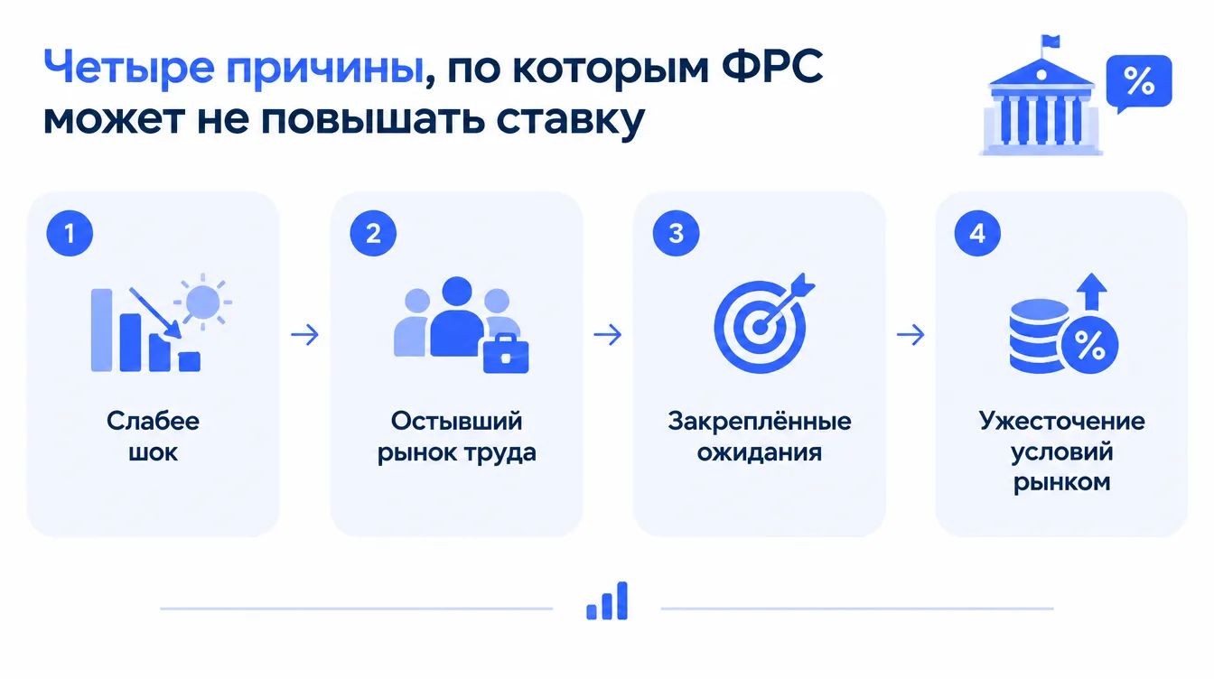 Схема: четыре причины, по которым ФРС может не повышать ставку, — слабее шок, остывший рынок труда, закреплённые ожидания, ужесточение условий рынком