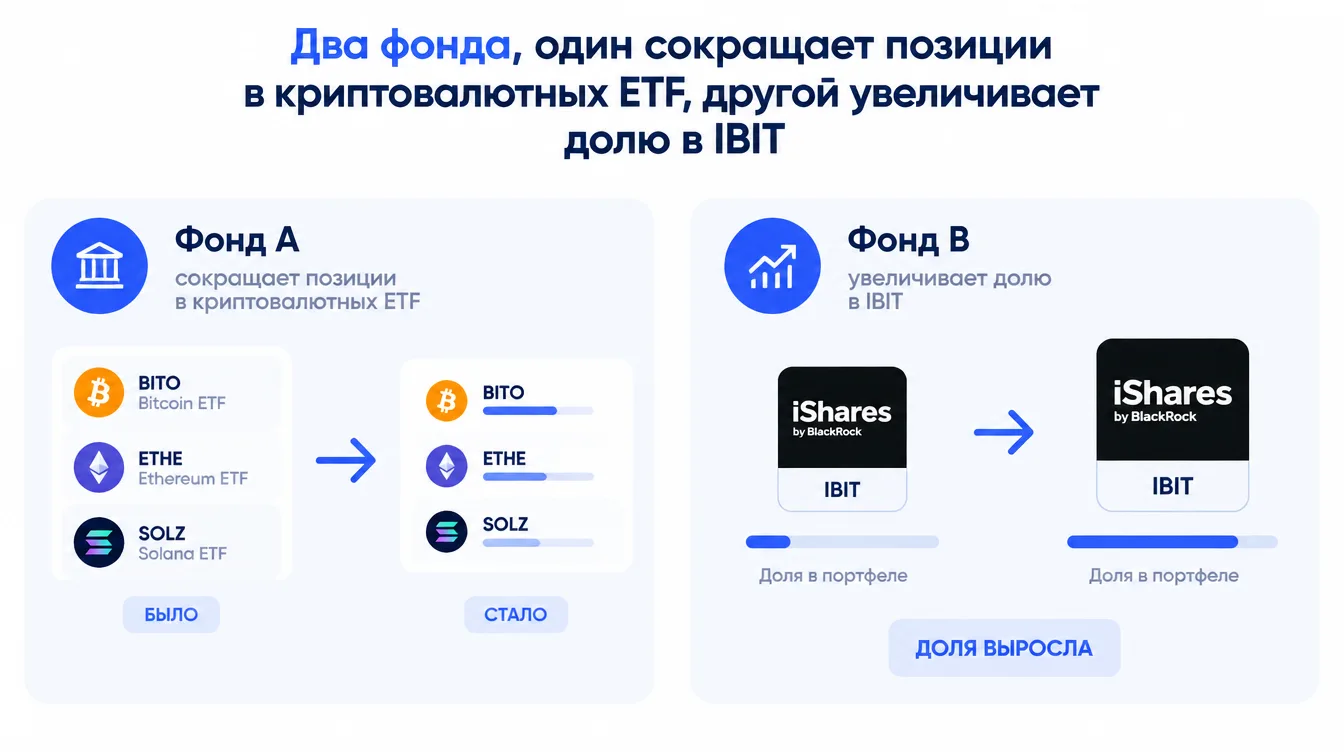 Схема: два фонда, один сокращает позиции в криптовалютных ETF, другой увеличивает долю в IBIT