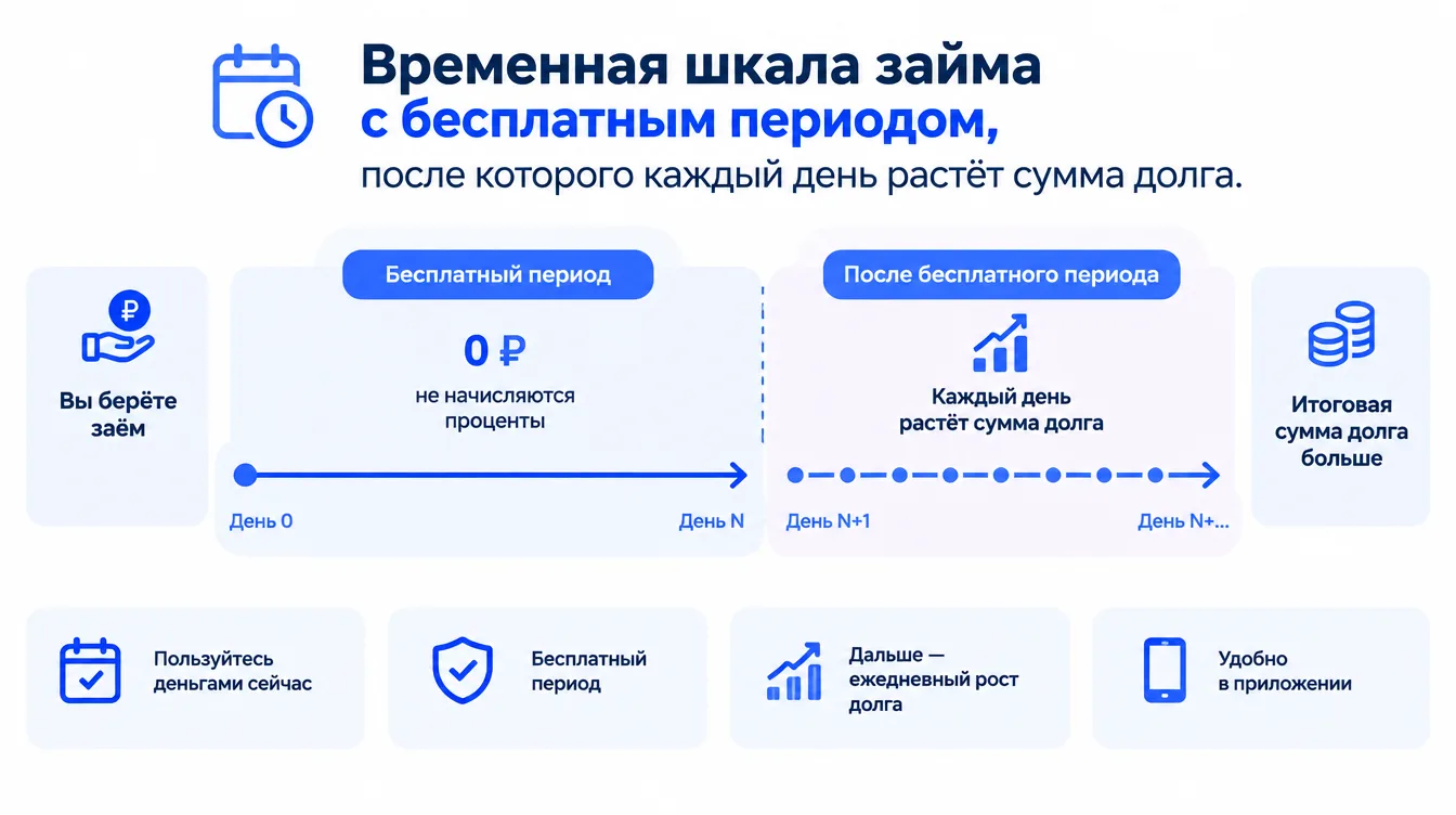 Схема: временная шкала займа с бесплатным периодом, после которого каждый день растёт сумма долга