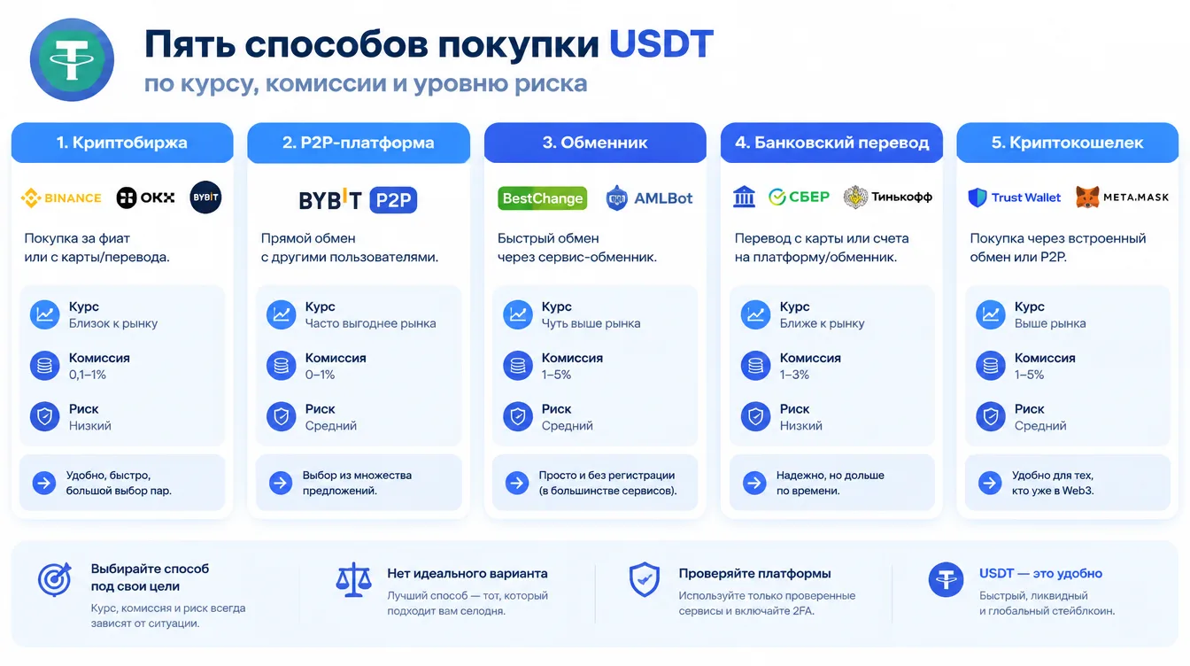 Сравнительная таблица: пять способов покупки USDT по курсу, комиссии и уровню риска