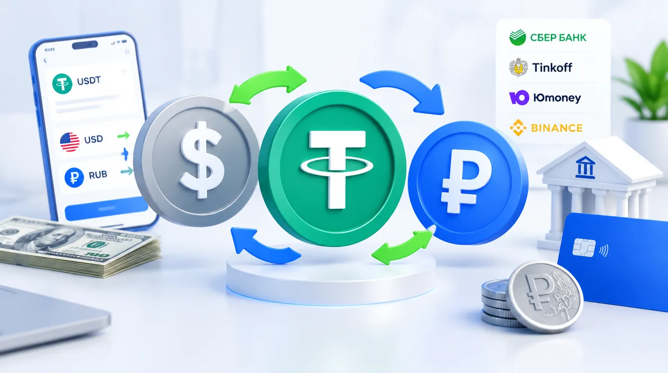 Иллюстрация: токен USDT рядом с долларом и рублём, стрелки обмена между ними