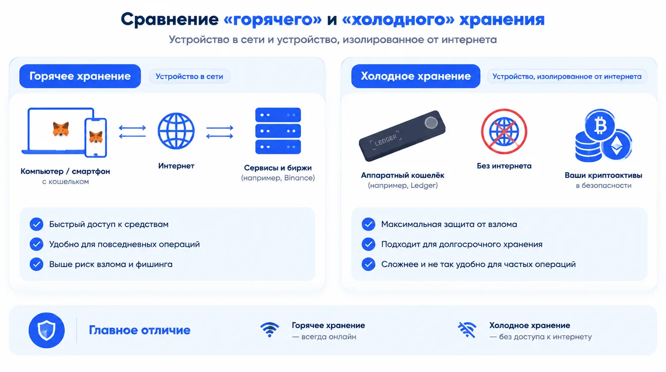 Схема: сравнение «горячего» и «холодного» хранения — устройство в сети и устройство, изолированное от интернета