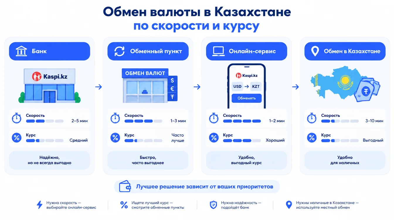 Сравнение мест обмена тенге: банк, обменный пункт, онлайн-сервис и обмен в Казахстане по скорости и курсу