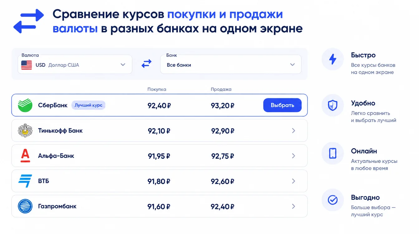 Схема: сравнение курсов покупки и продажи валюты в разных банках на одном экране