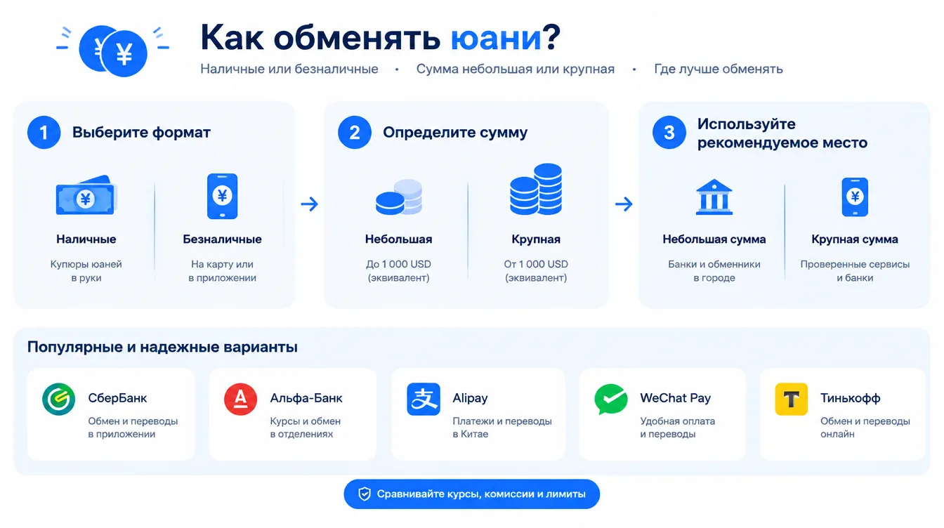 Схема выбора: наличные или безналичные юани, сумма небольшая или крупная и рекомендуемое место обмена