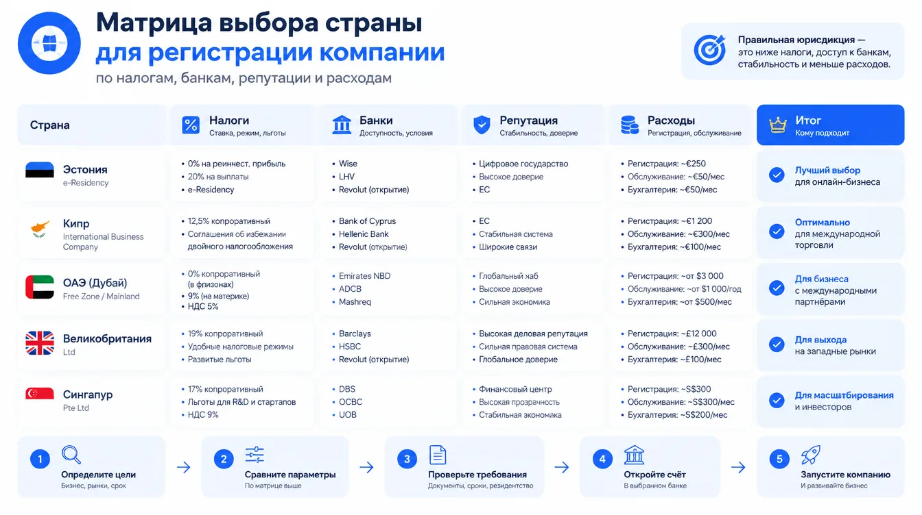 Схема: матрица выбора страны для регистрации компании по налогам, банкам, репутации и расходам