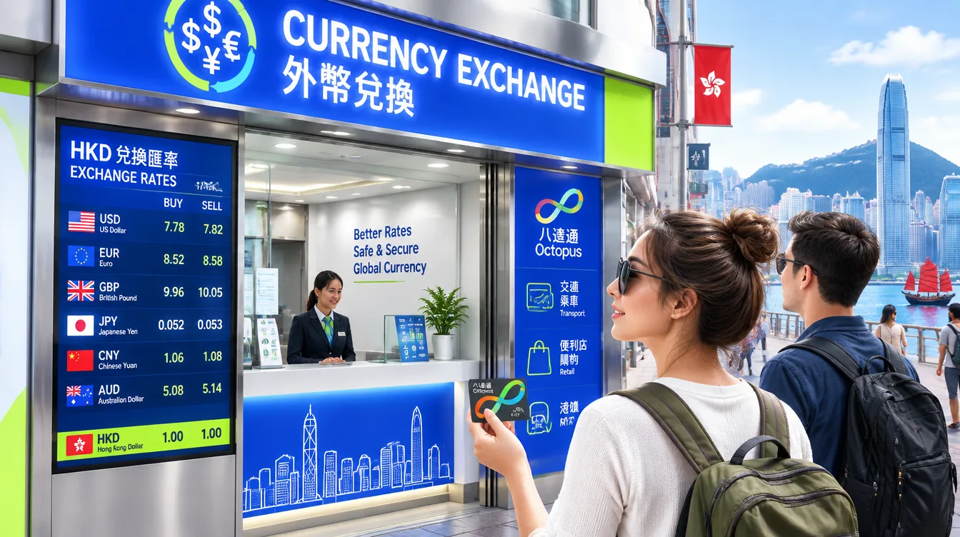 Фото: яркая вывеска обменного пункта в Гонконге с табло курсов HKD и туристы с картой Octopus у входа