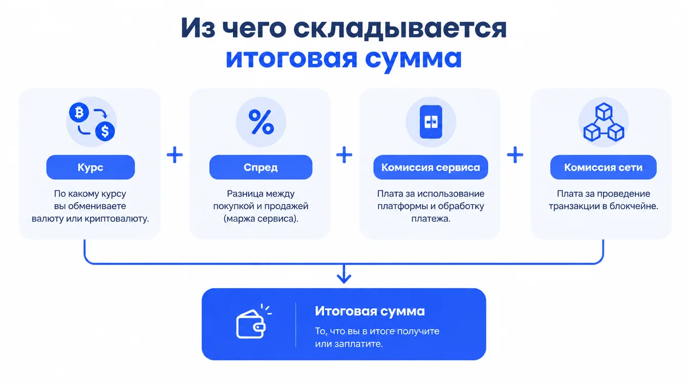 Схема: из чего складывается итоговая сумма — курс, спред, комиссия сервиса, комиссия сети