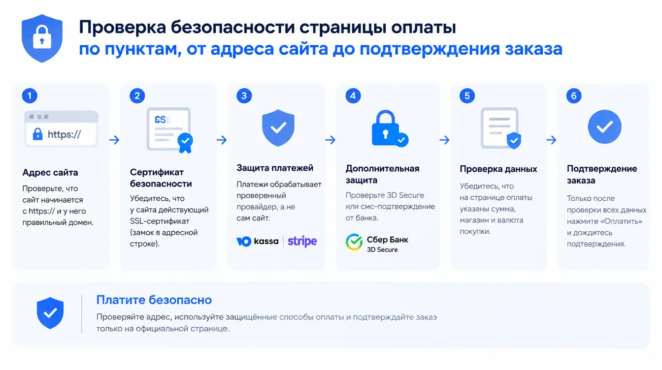Схема: проверка безопасности страницы оплаты по пунктам, от адреса сайта до подтверждения заказа
