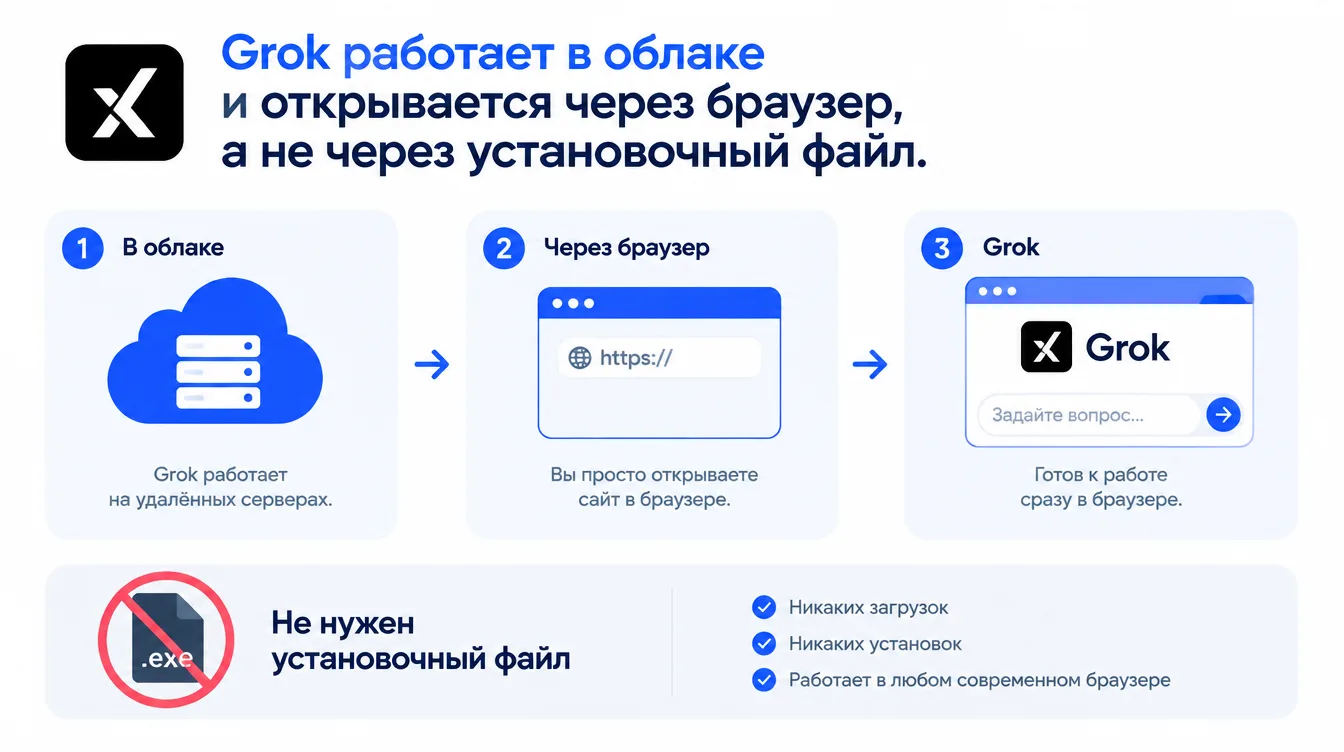 Схема: Grok работает в облаке и открывается через браузер, а не через установочный файл