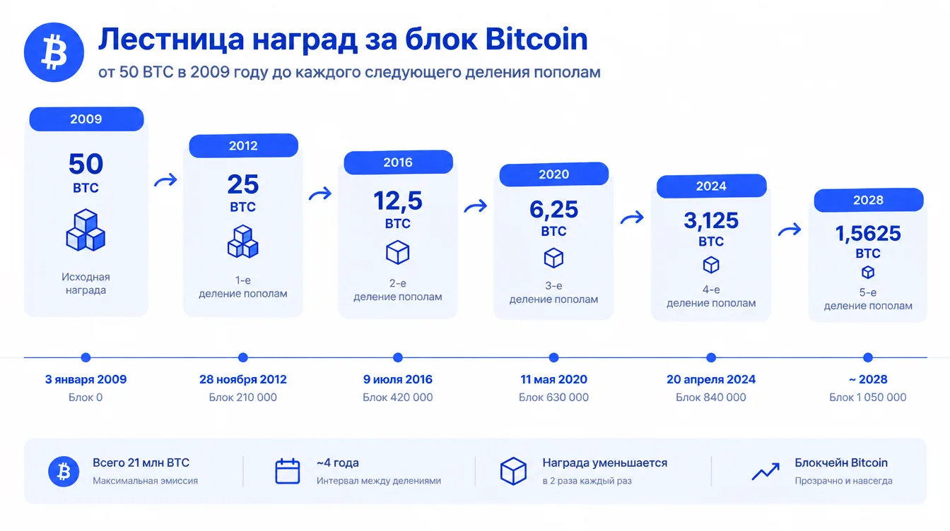 Схема: лестница наград за блок Bitcoin от 50 BTC в 2009 году до каждого следующего деления пополам