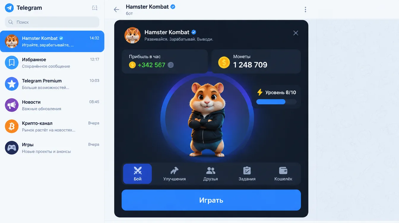 Скриншот: экран Hamster Kombat в Telegram с хомяком, счётчиком монет и показателем прибыли в час