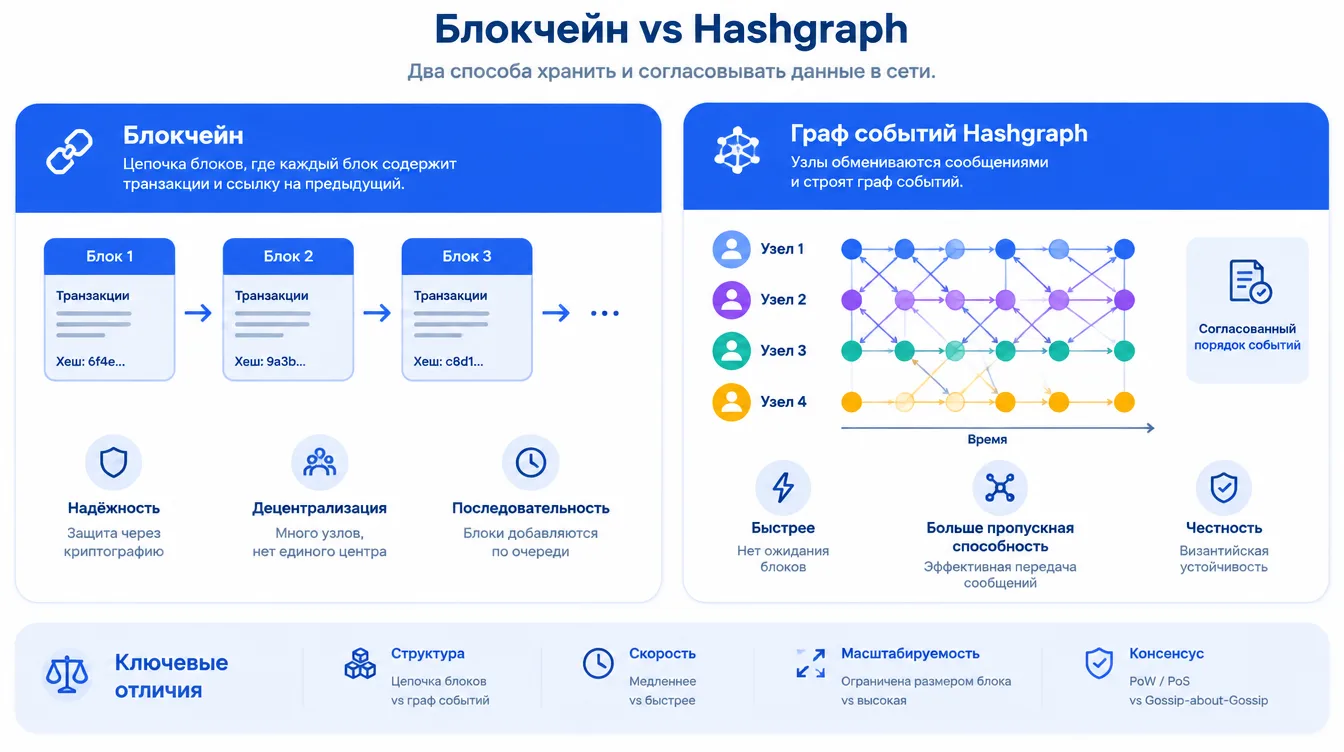 Схема: сравнение блокчейна с цепочкой блоков и графа событий Hashgraph, где узлы обмениваются сообщениями