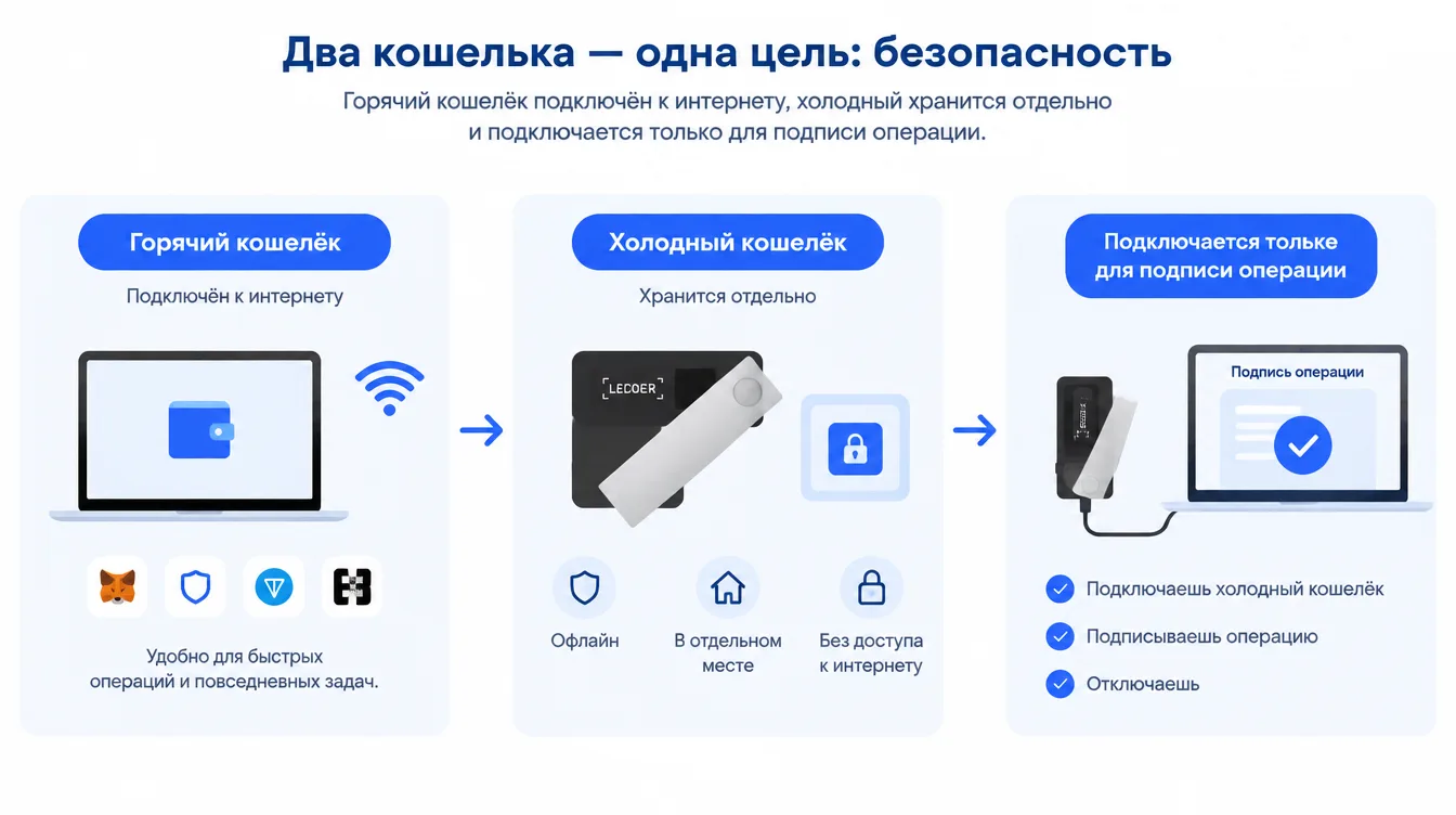Схема: горячий кошелёк подключён к интернету, холодный хранится отдельно и подключается только для подписи операции