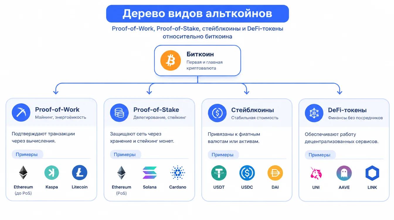 Схема: дерево видов альткоинов — Proof-of-Work, Proof-of-Stake, стейблкоины и DeFi-токены относительно биткоина
