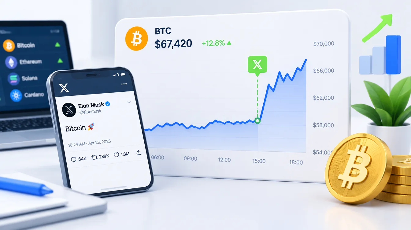 Иллюстрация: график цены Bitcoin с резким всплеском после публикации в соцсети