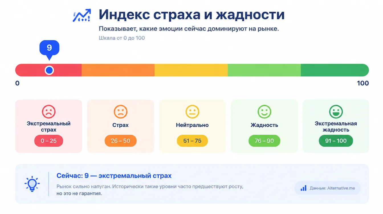 Схема: шкала индекса страха и жадности от 0 до 100 с цветными зонами и отметкой 9