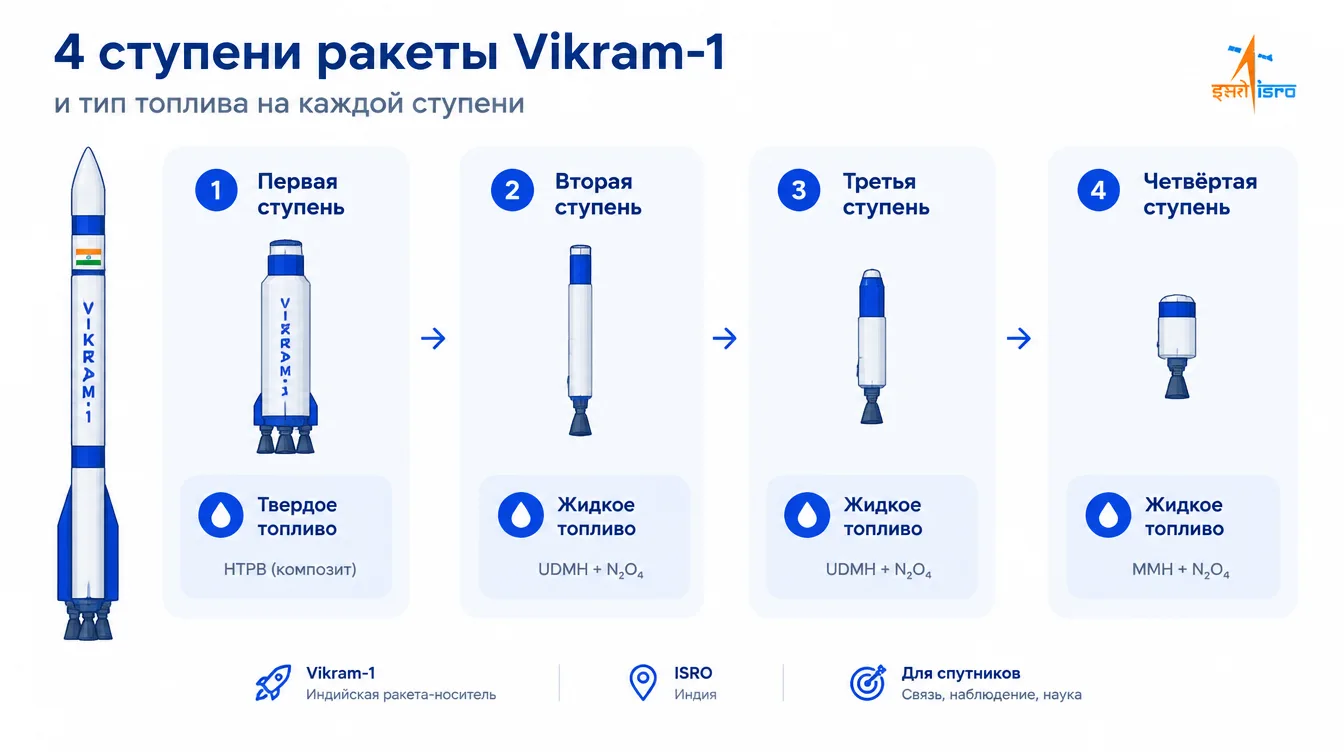 Схема: четыре ступени ракеты Vikram-1 с указанием типа топлива