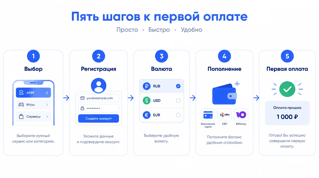 Схема: цепочка из пяти шагов — выбор, регистрация, валюта, пополнение, первая оплата