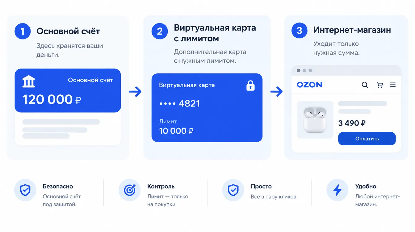 Схема: основной счёт, виртуальная карта с лимитом и интернет-магазин, куда уходит только нужная сумма