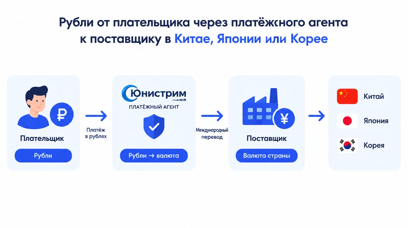 Схема: рубли от плательщика через платёжного агента к поставщику в Китае, Японии или Корее