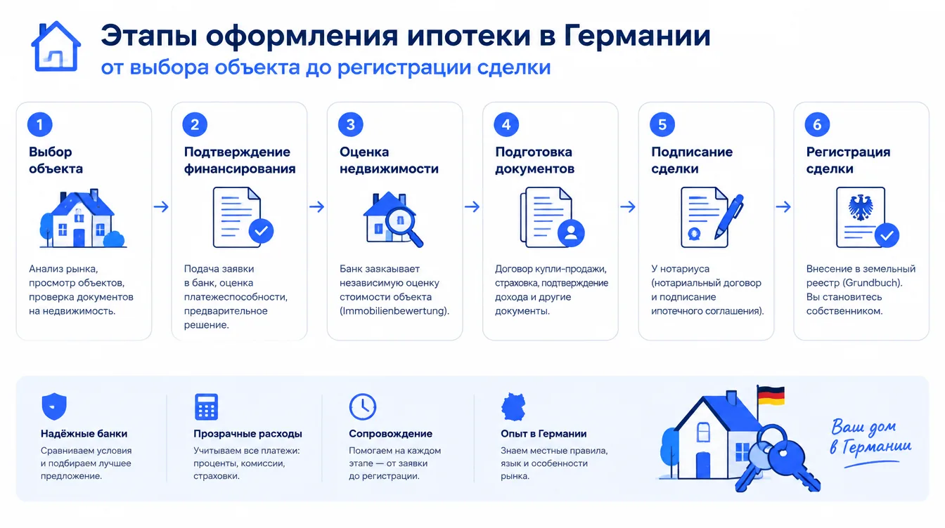 Схема: этапы оформления ипотеки в Германии от выбора объекта до регистрации сделки