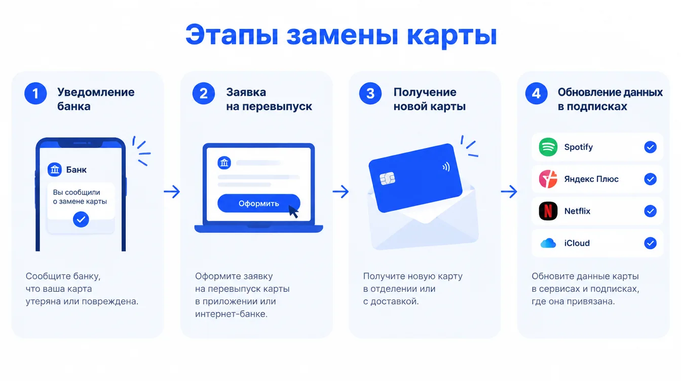Схема: этапы замены карты — уведомление банка, заявка на перевыпуск, получение новой карты, обновление данных в подписках