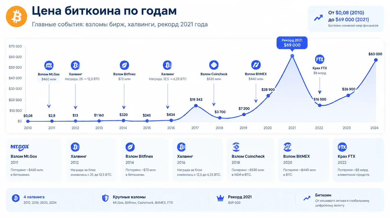 График: цена биткоина по годам с отметками главных событий — взломы бирж, халвинги, рекорд 2021 года