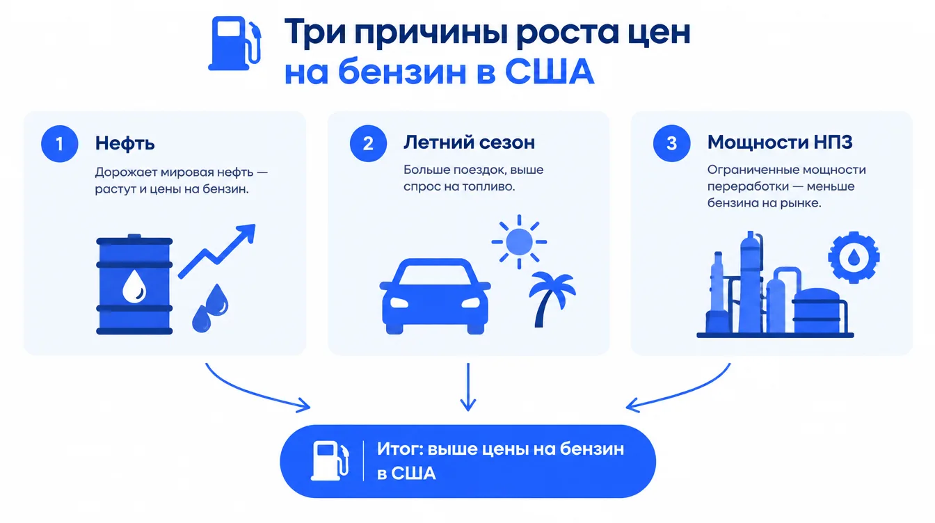 Схема: три причины роста цен на бензин в США, нефть, летний сезон и мощности НПЗ