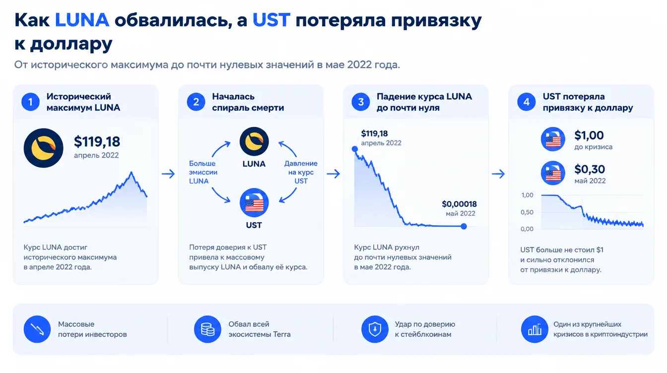 График: падение курса LUNA от исторического максимума до почти нулевых значений в мае 2022 года и потеря привязки UST к доллару