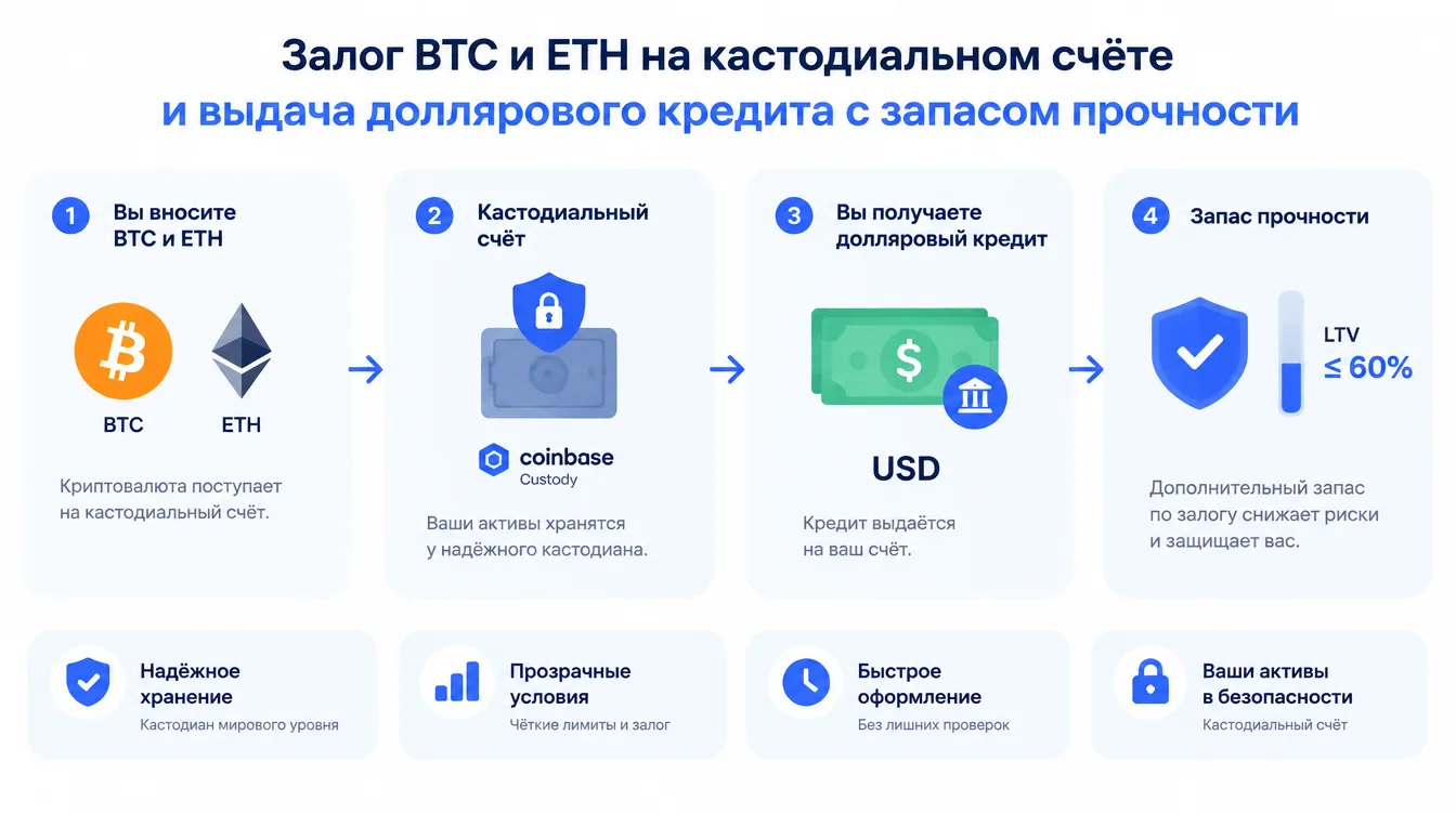 Схема: залог BTC и ETH на кастодиальном счёте и выдача долларового кредита с запасом прочности
