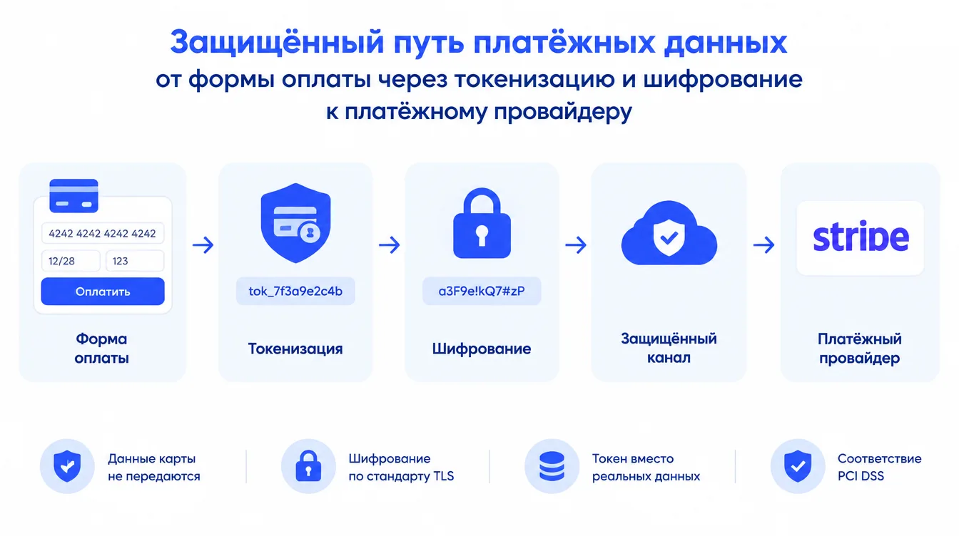 Схема: защищённый путь платёжных данных от формы оплаты через токенизацию и шифрование к платёжному провайдеру