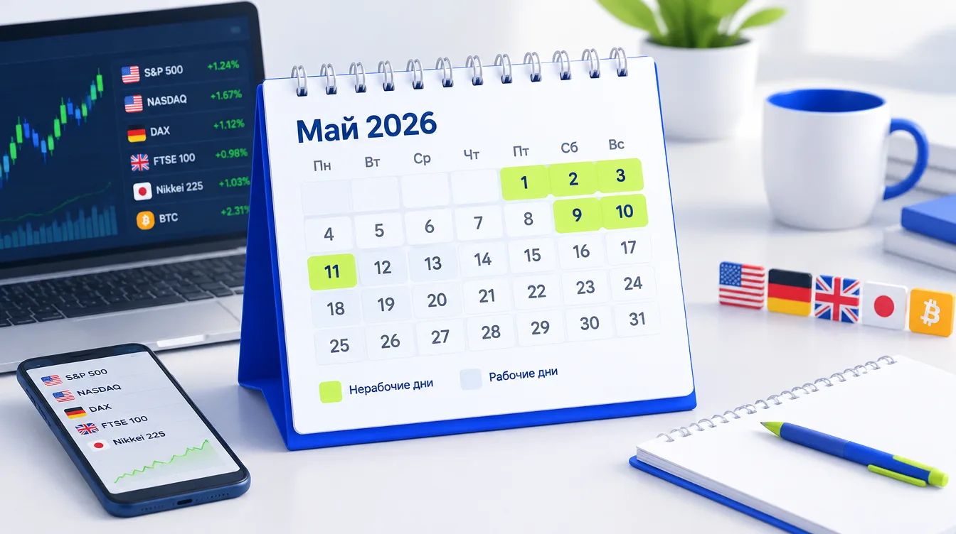 Календарь: май 2026 года с выделенными нерабочими днями 1–3 и 9–11 мая и рабочей неделей между ними